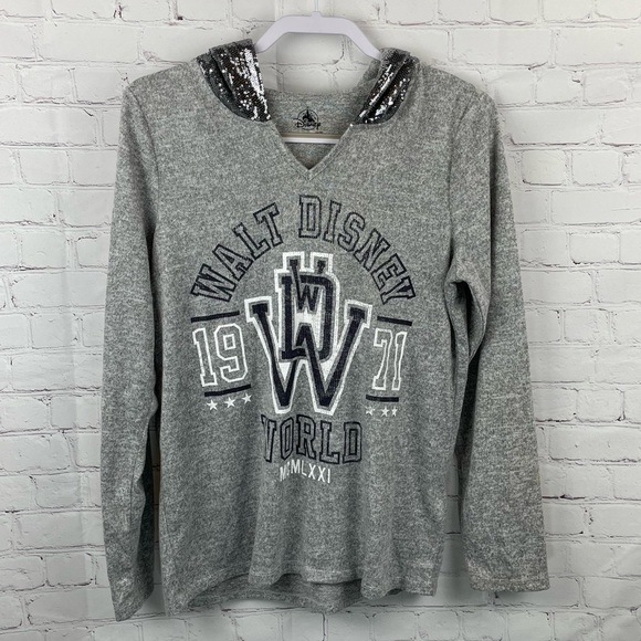 WALT DISNEY WORLD Sequin Hooded Pullover Graphic Sweatshirt Large - Picture 1 of 9